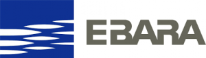 Logo EBARA: quadrato blu con ovali bianchi e testo grigio.