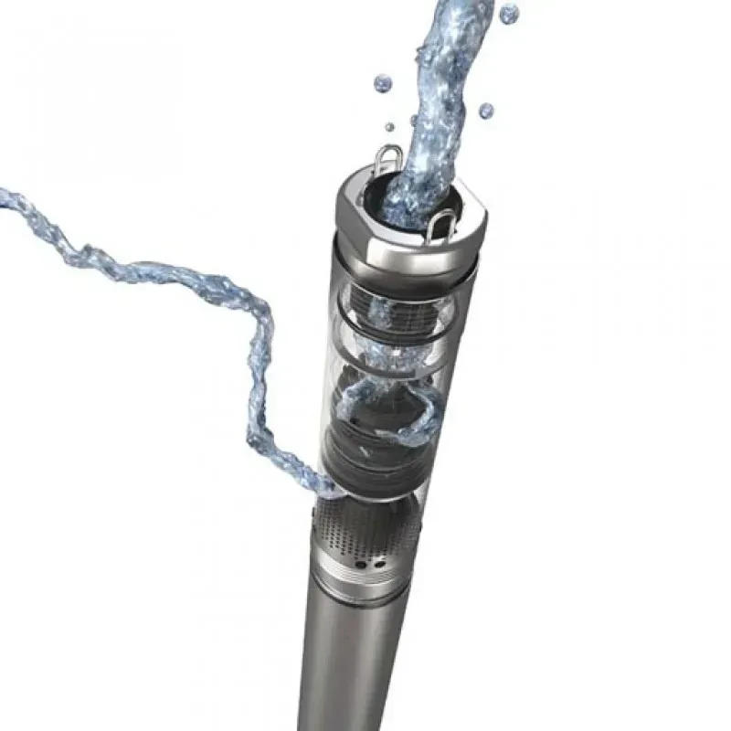Pompa sommergibile con acqua corrente; metallo argentato e componenti trasparenti.