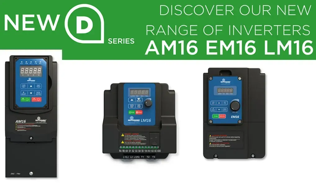 Pubblicità per una nuova gamma di inverter: AM16, EM16 e LM16. Presenta il logo