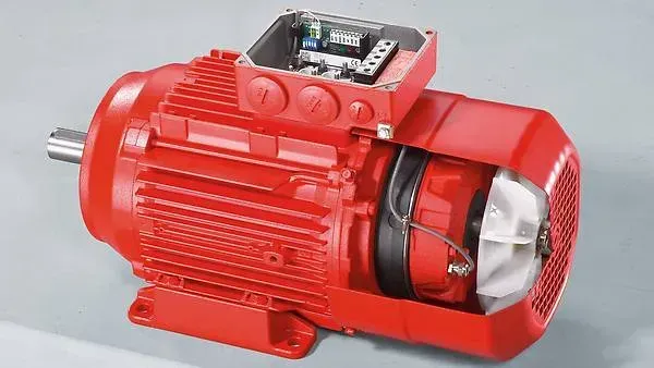 Motore elettrico rosso, vista in sezione che mostra i componenti interni, tra cui ventola, cablaggio e scatola dei terminali.