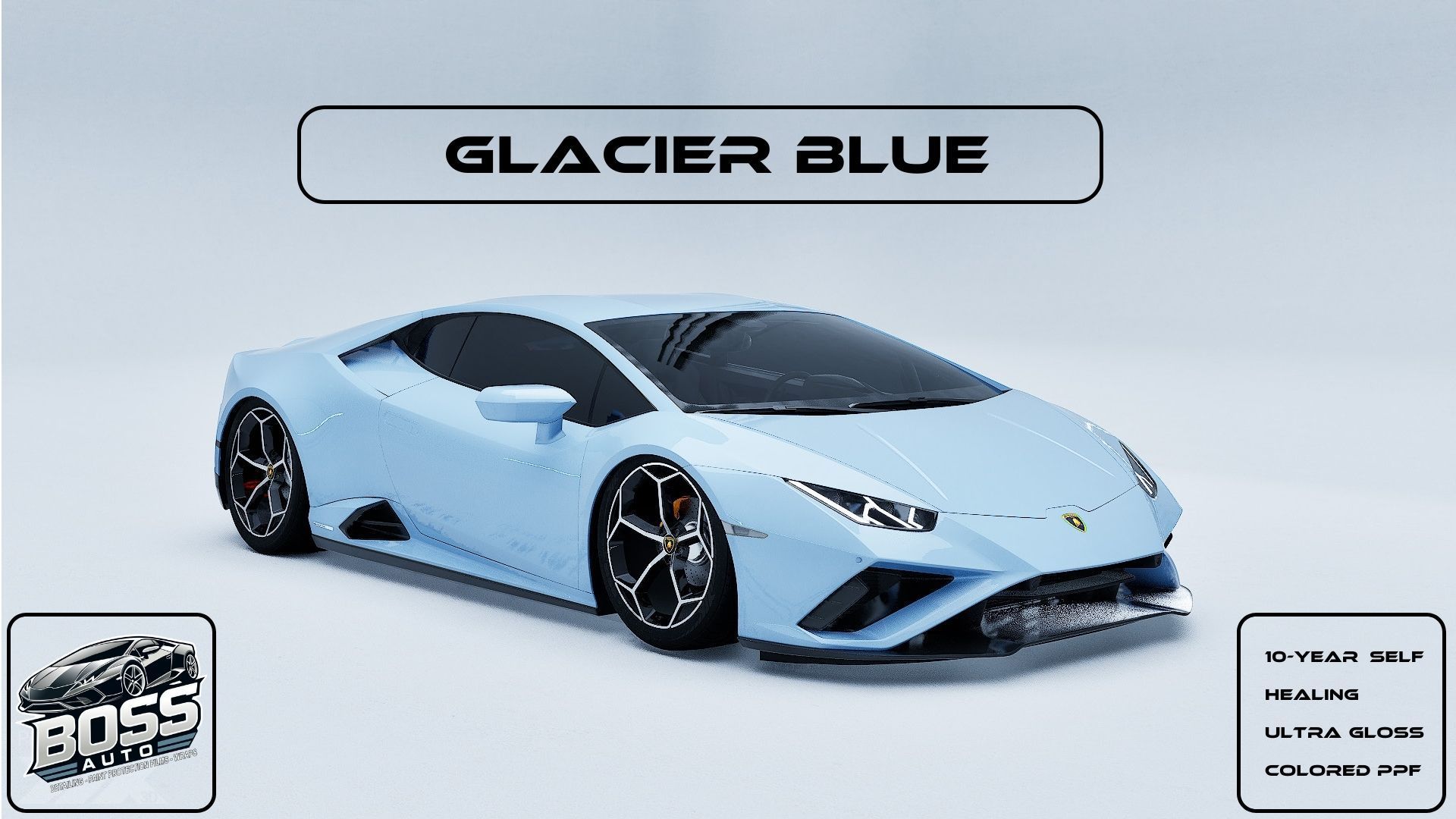 A light blue lamborghini huracan is sitting on a white surface.