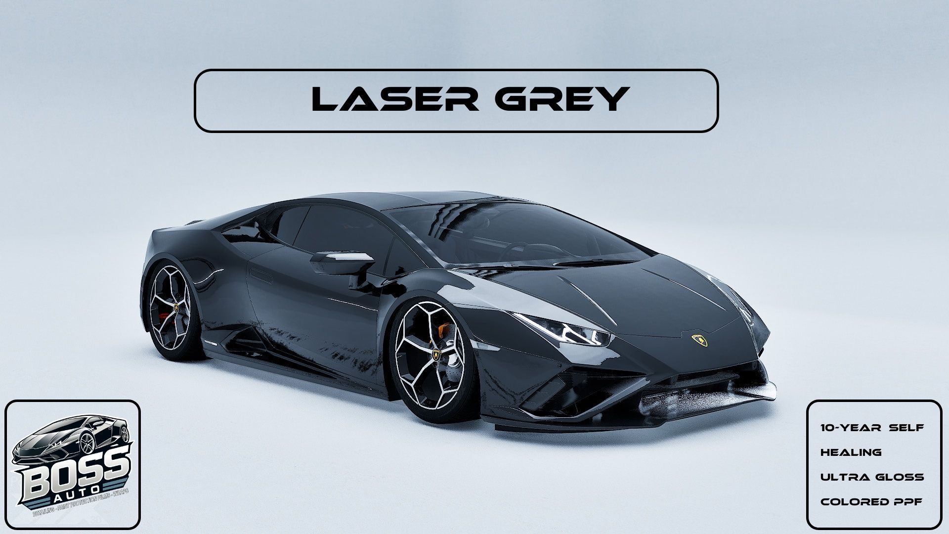 A black lamborghini huracan is sitting on a white surface.