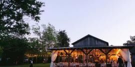 Outdoor pavilion with warm string lights and white drapes at dusk, surrounded by trees