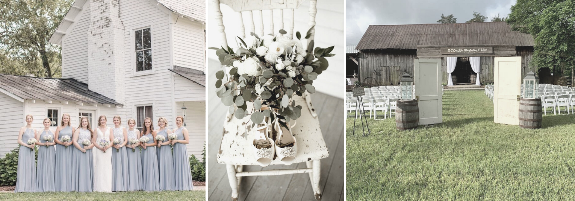 Wedding collage: bridesmaids in lavender gowns, white floral arrangement, and a small stone ceremony chapel outdoors