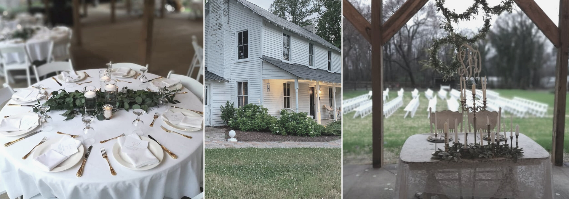 3 picture collage: Outdoor wedding reception tables set with white linens.