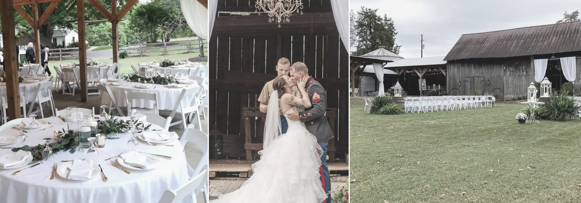 Wedding collage: decorated outdoor reception tables, bride and groom embracing, and a rustic venue lawn