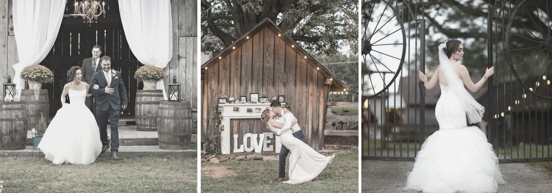 Wedding collage of bride and groom posing in a rustic outdoor venue with white drapery and string lights