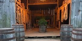 Rustic barn entrance with wooden barrels and a potted plant in the center