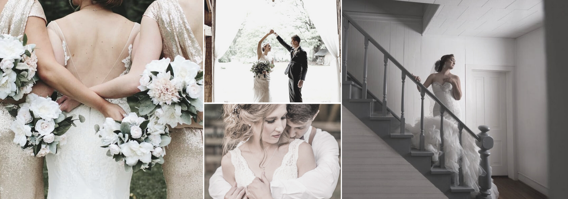 Bridal collage: back shot of bride and maids holding their bouquets behind them