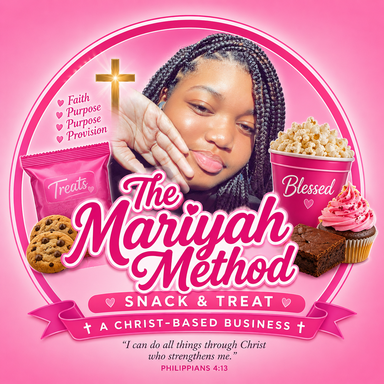 Pink logo for “The Mariyah Method Snack & Treat,” featuring a portrait, desserts, and “blessed” and “treats” text.