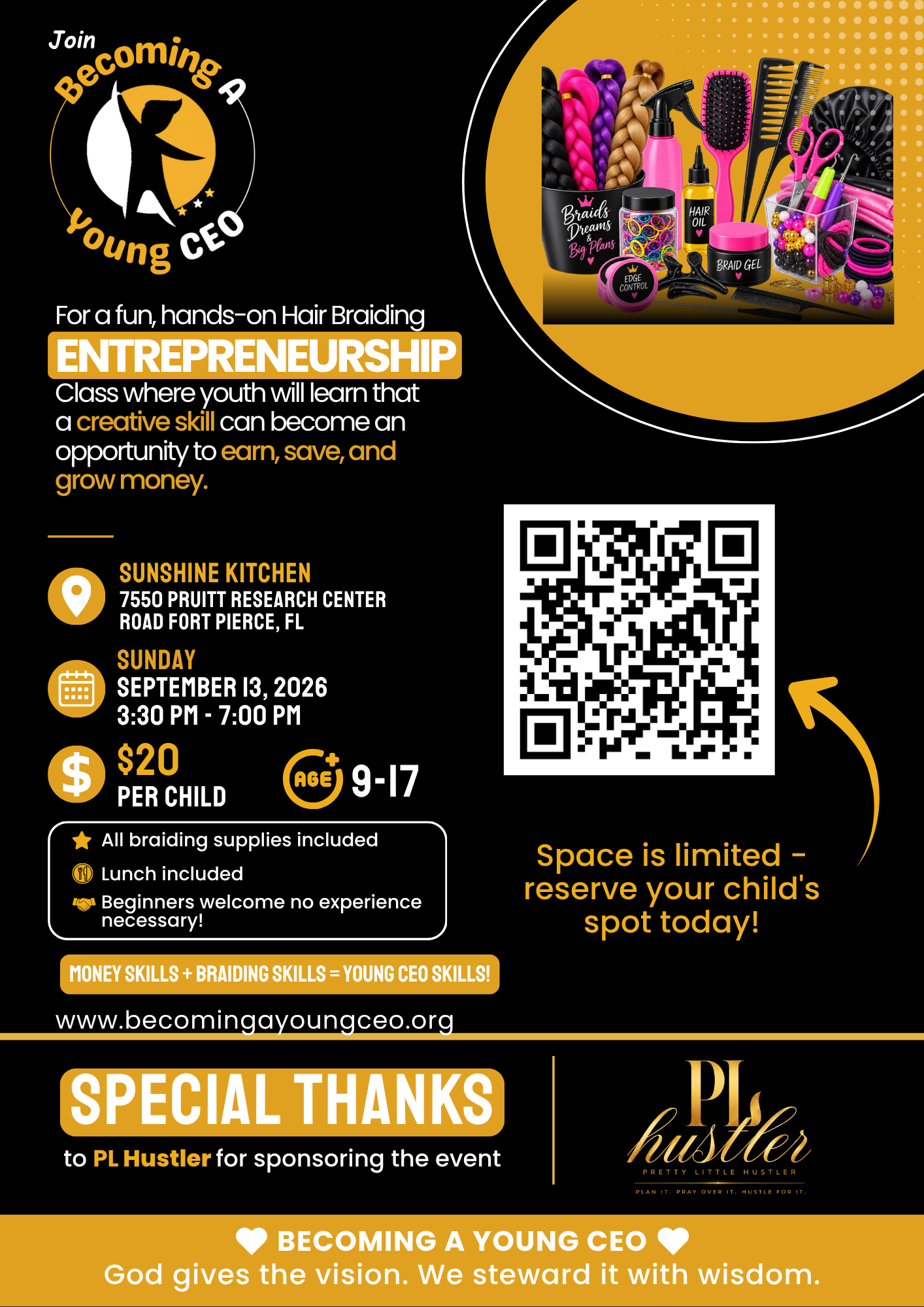 Event flyer for youth entrepreneurship with QR code, schedule, and black-orange design