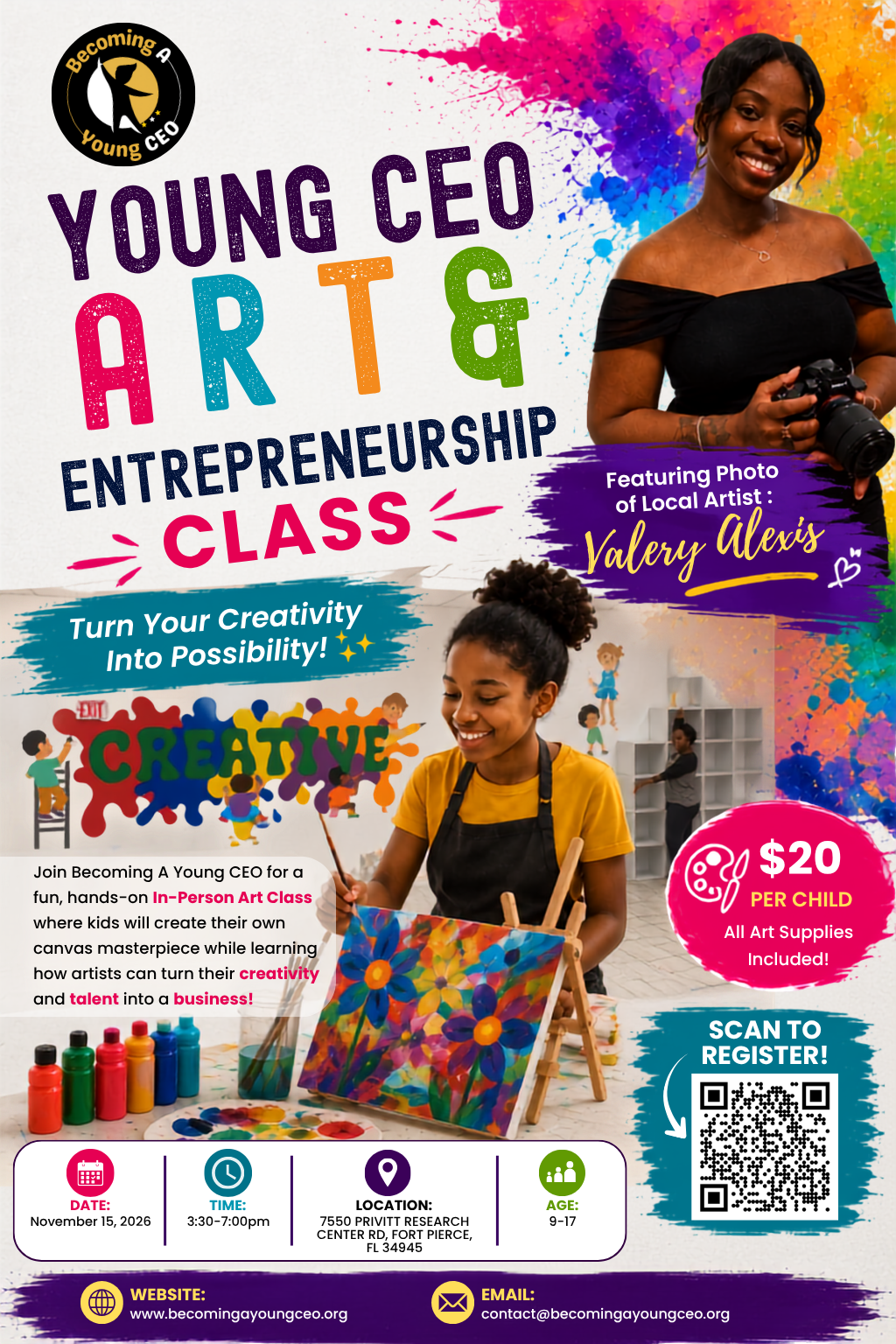Young CEO Arts Entrepreneurship class poster with two children making colorful art and a QR code to register at $20.