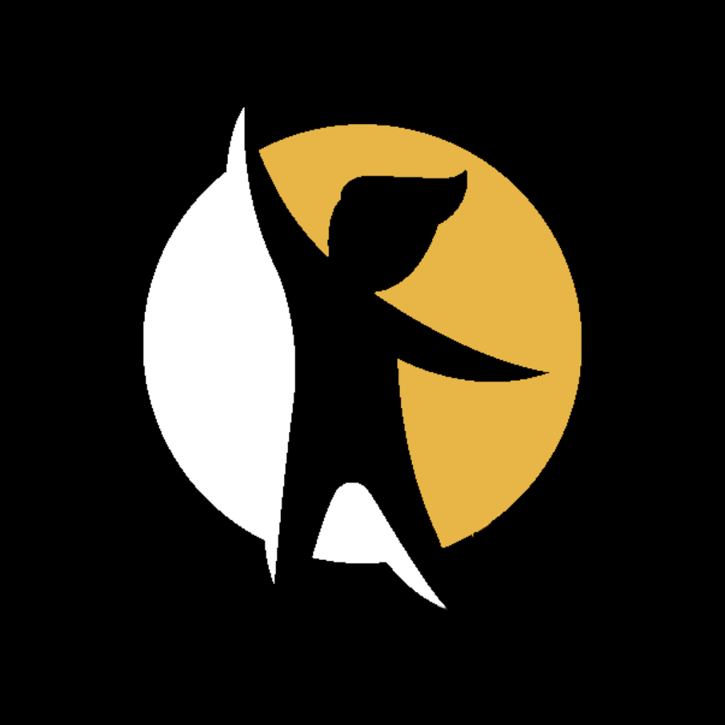 Black and white silhouette of a dancer in a yellow circle on a black background