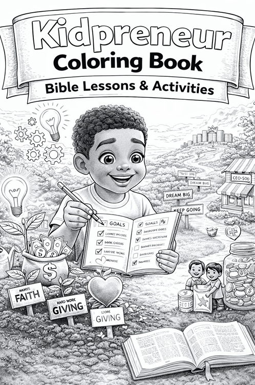 Kidpreneur coloring book cover showing a smiling child with Bible lessons and activities in a lively town scene