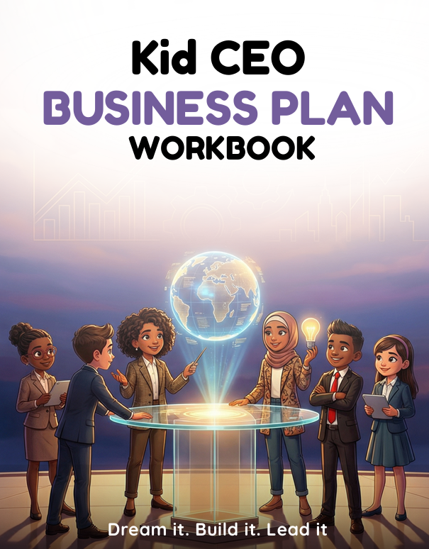 Kid CEO business plan workbook cover with children around a glowing table and globe,