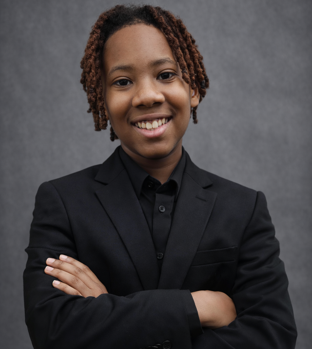 Casey Amerson, Young CEO, in a black blazer with arms crossed against a gray studio backdrop