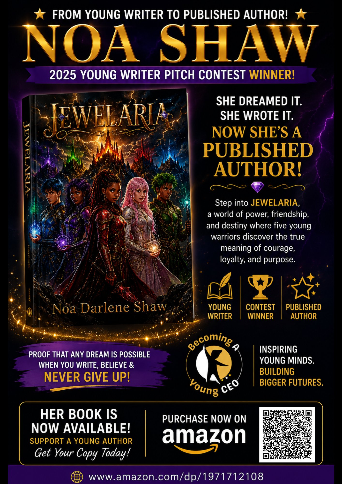 Promotional poster for “Noa Shah,” featuring a fantasy book cover, glowing text, and an Amazon purchase QR code
