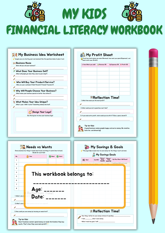 Kids financial literacy workbook cover with four worksheet panels and a pencil on a blue background