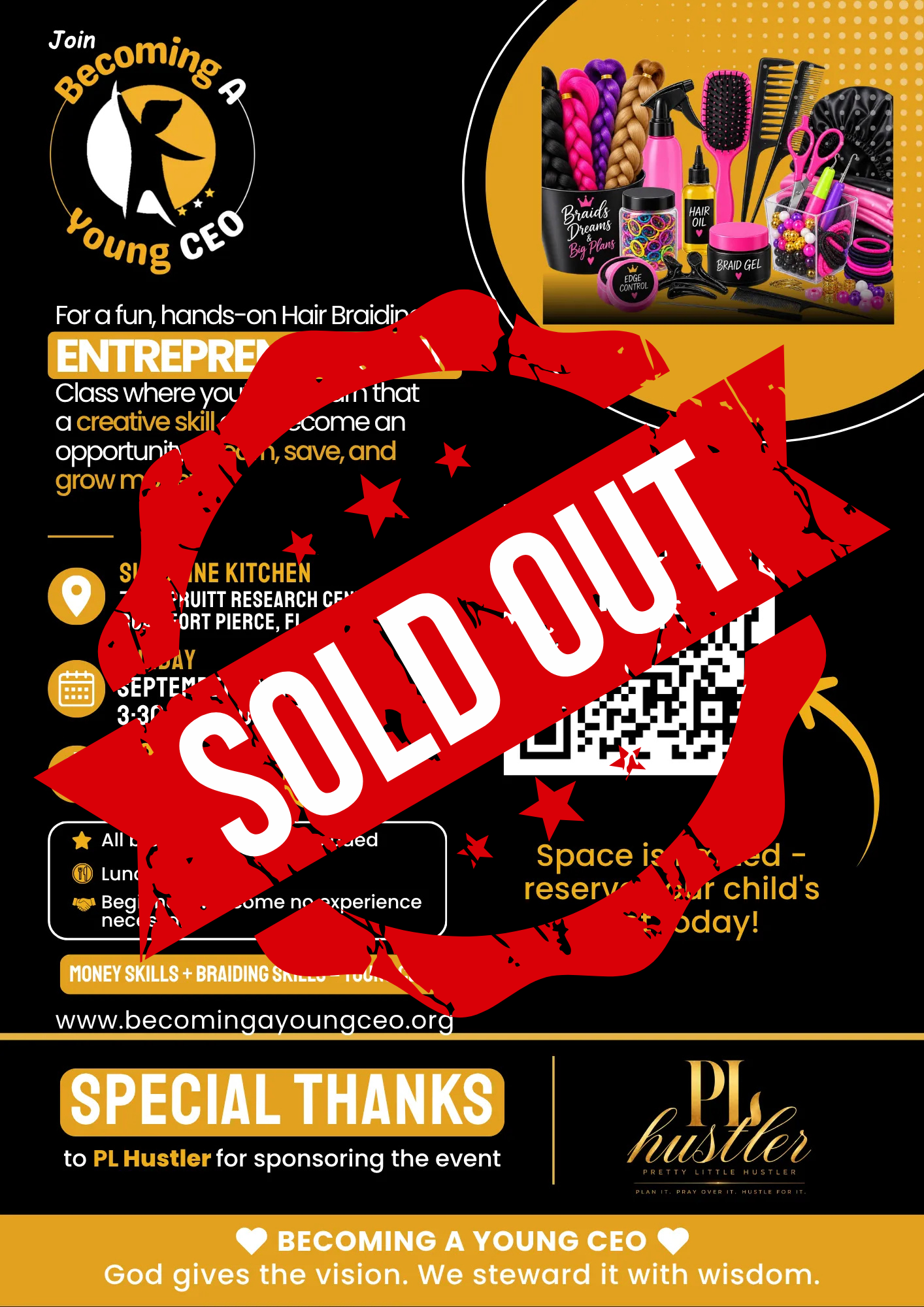 Event flyer for youth entrepreneurship with QR code, schedule, and black-orange design