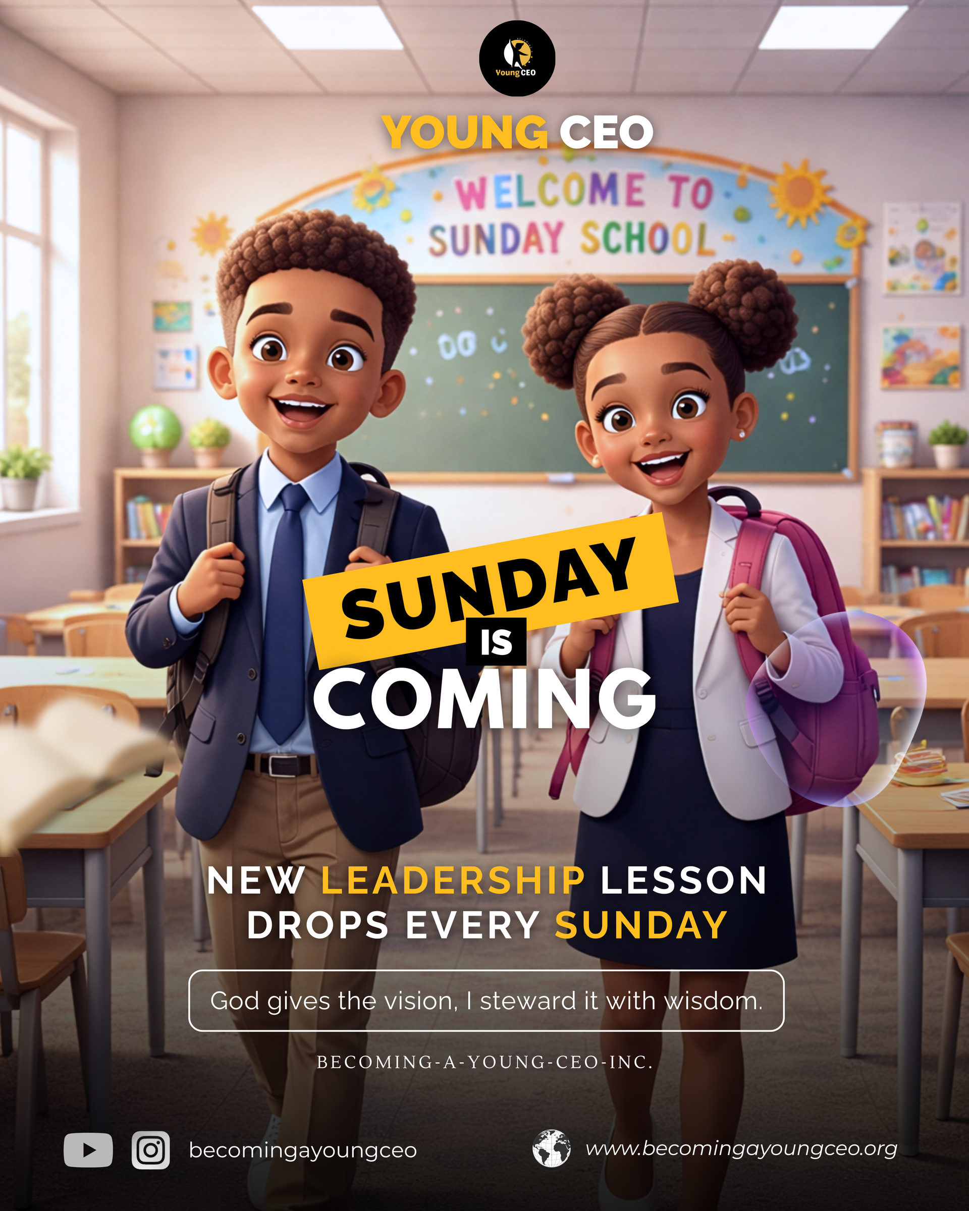Two smiling children in a Sunday school classroom with “Sunday is coming” leadership lesson poster.