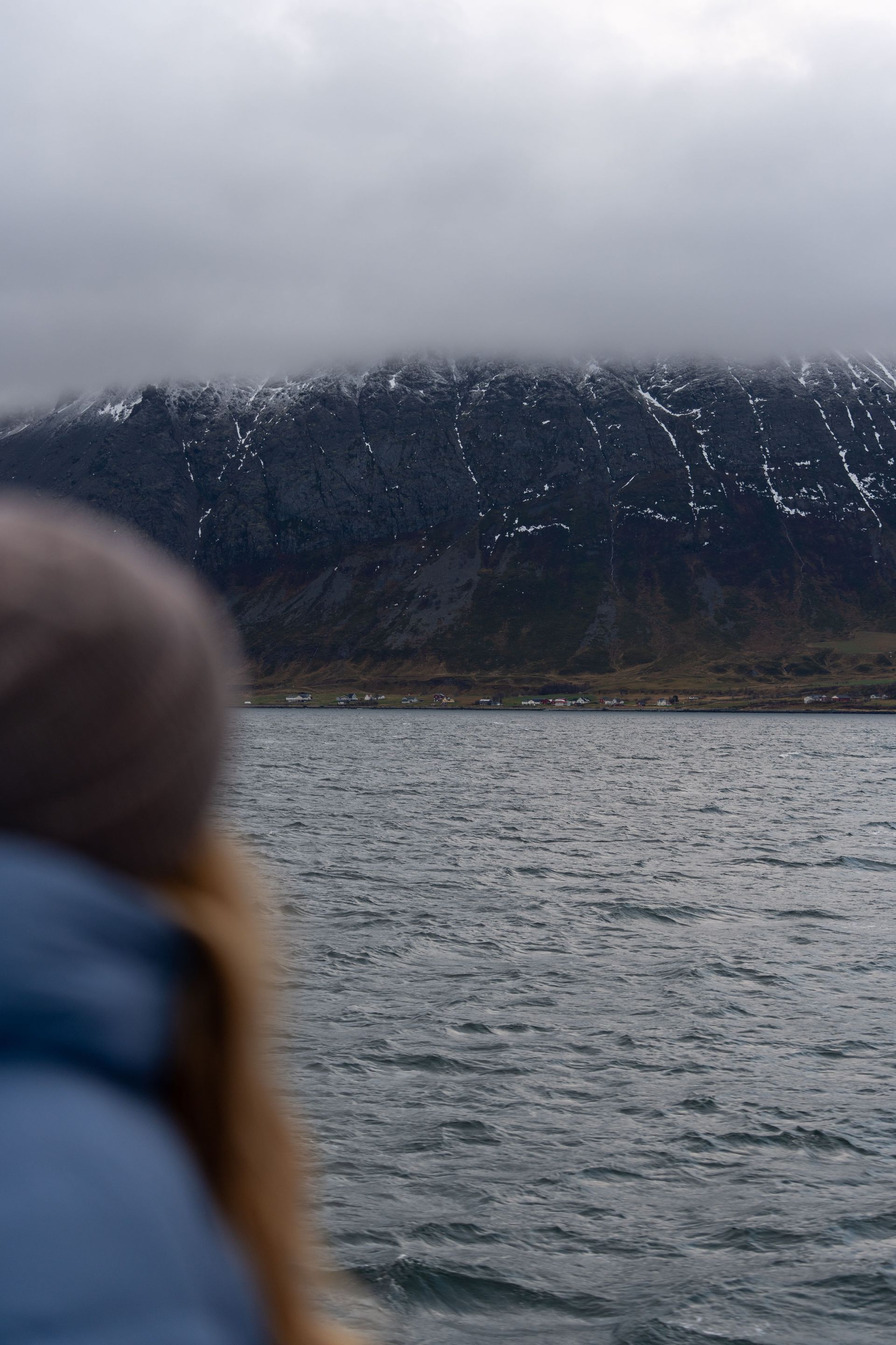 Person looking at a lake with a snow-capped mountain under a cloudy sky.