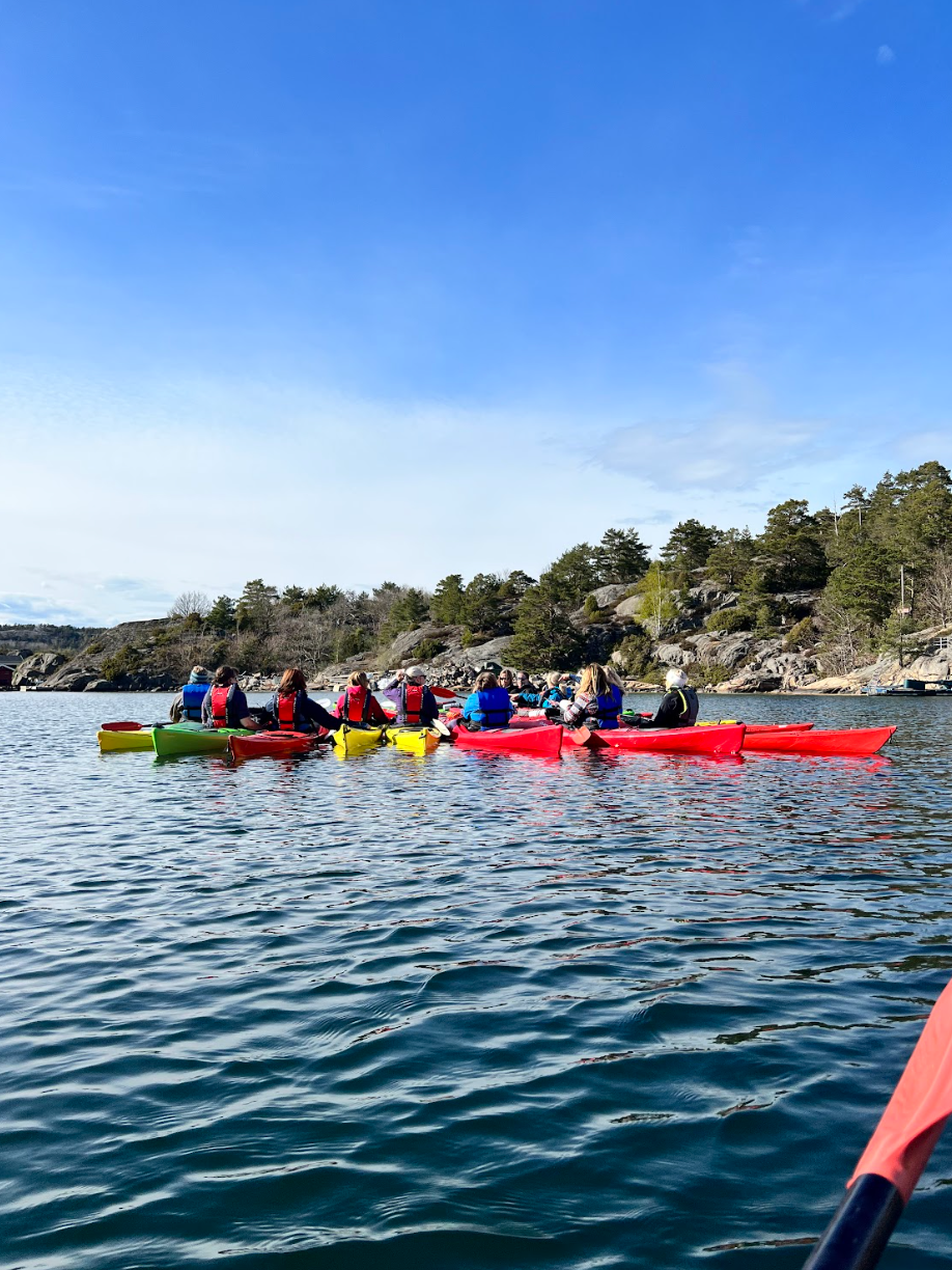 Kayakers on a lake, paddling toward shore. Colorful kayaks with people wearing life vests. Blue sky, water, and trees.
