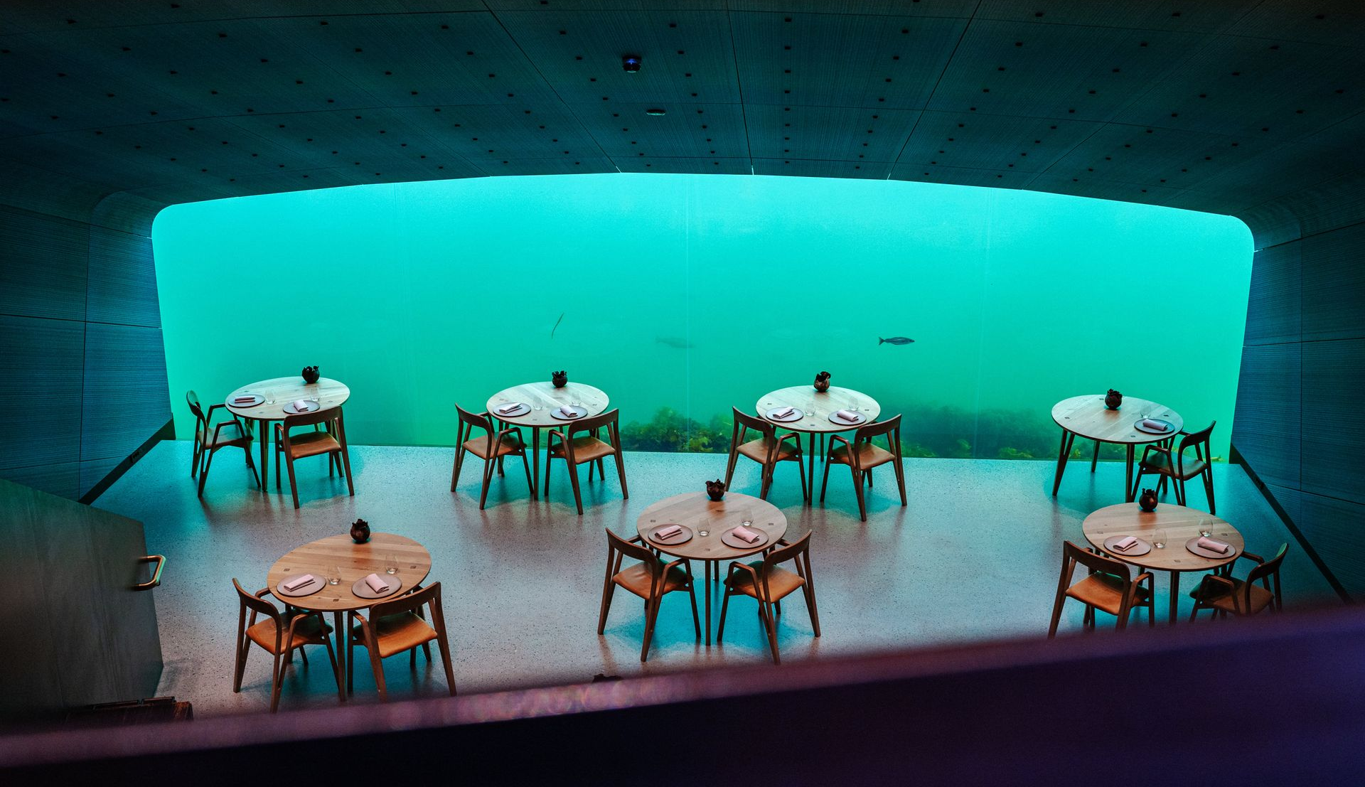 Underwater restaurant: Tables and chairs inside a turquoise glass enclosure, with visible marine life swimming outside.