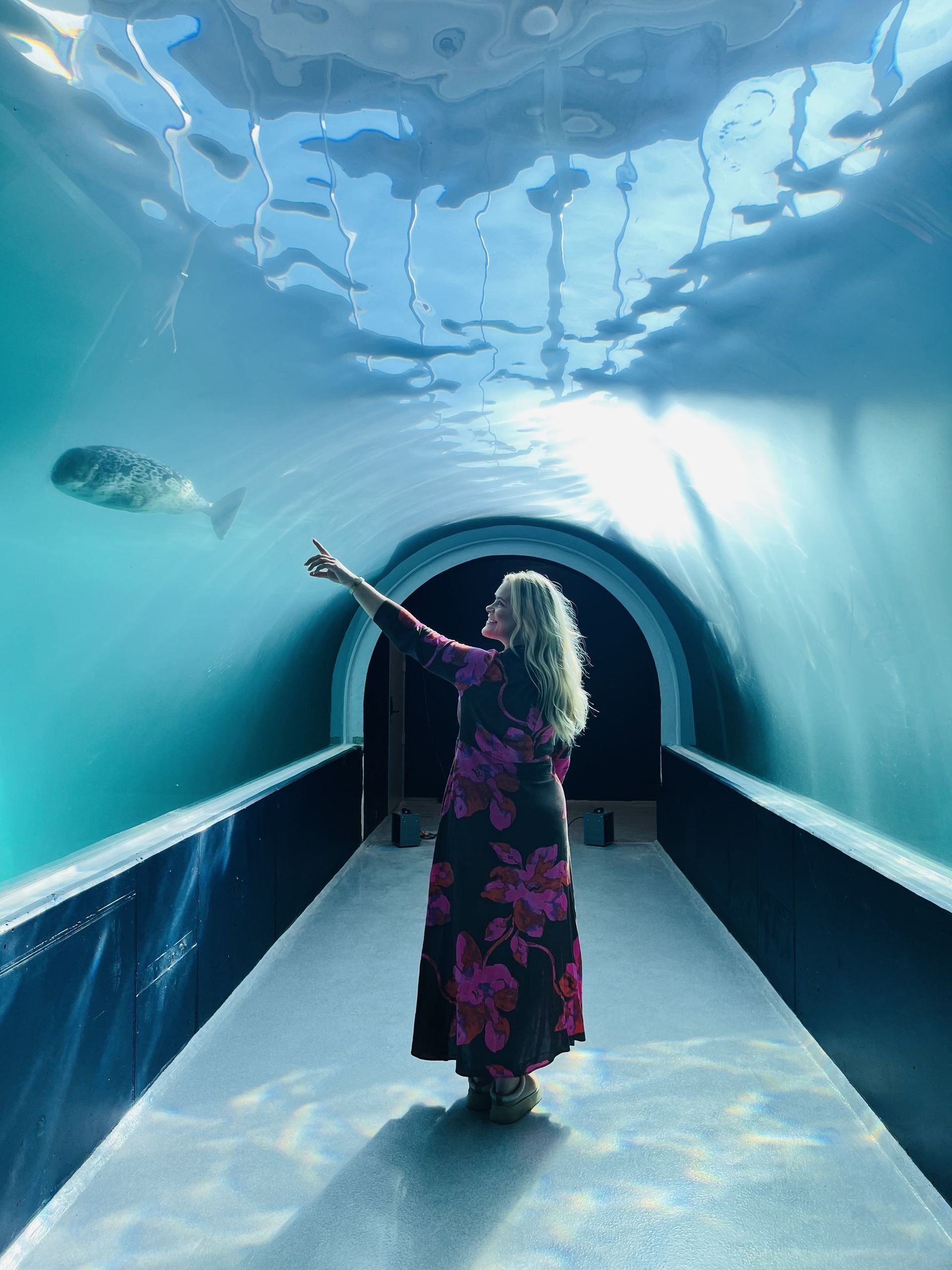Woman points at a fish swimming in an underwater tunnel. Blue water, arched ceiling.