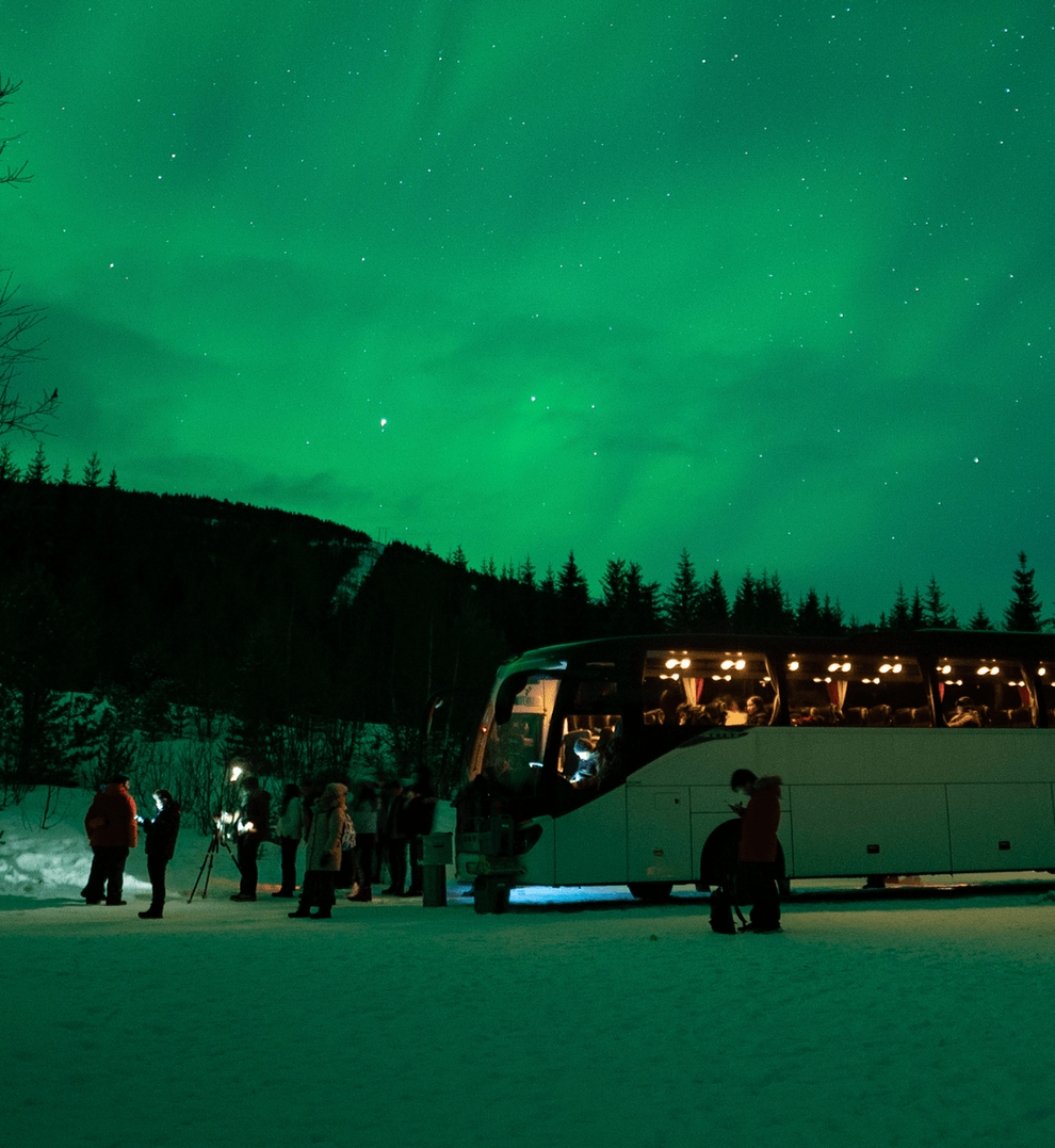 Northern lights illuminate a snowy scene. People gather near a bus, silhouetted against the green sky.
