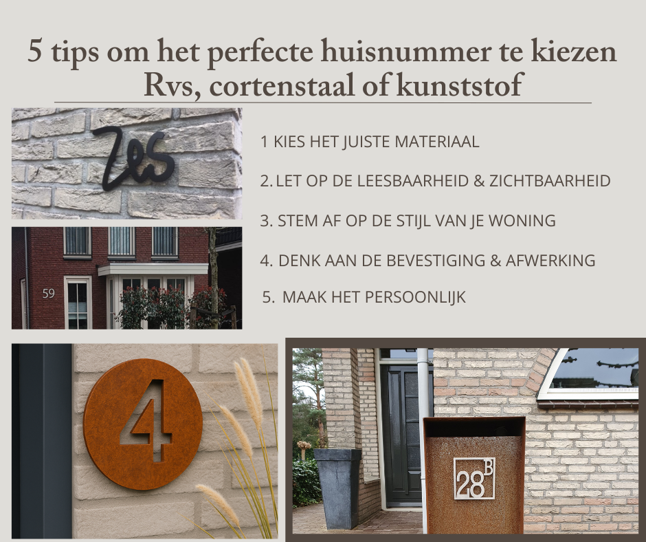 Strak RVS huisnummer gemonteerd naast voordeur, modern design en duidelijk leesbaar vanaf de straatz