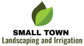A small town landscaping and irrigation logo with a green leaf on a white background.