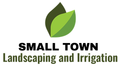 A small town landscaping and irrigation logo with a green leaf on a white background.