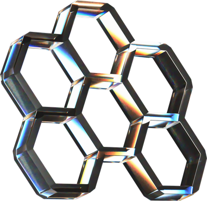 Abstract black metallic interlocking hexagonal rings with iridescent reflections on a white background