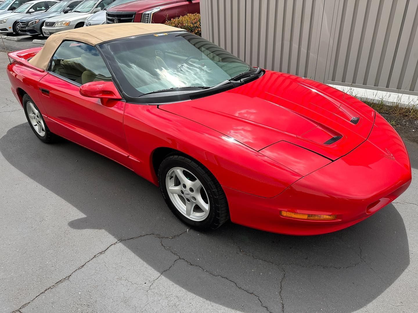Red sports car parked on pavement beside a building and other cars.