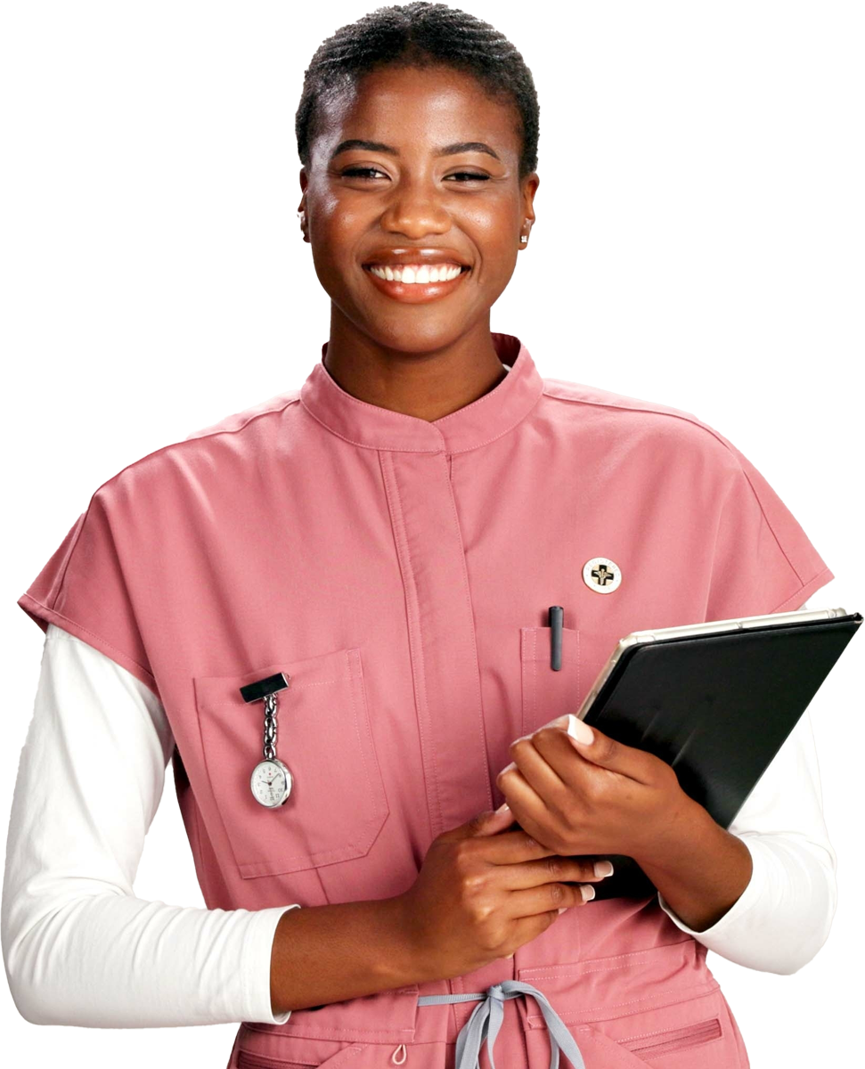 Nurse smiling, holding a clipboard and pen, wearing a pink uniform. Nurse smiling, holding a clipboard and pen, wearing a pink uniform.