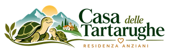 Logo for Casa delle Tartarughe Residenza Anziani with turtle illustration and green house landscape