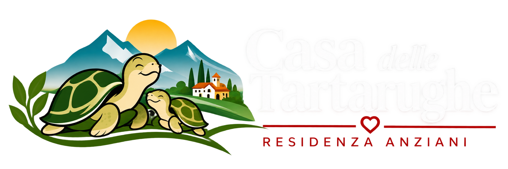 Logo con una tartaruga verde su una collina, montagne e sole, e la scritta “Residenza Anziani”