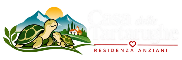 Logo con una tartaruga verde su una collina, montagne e sole, e la scritta “Residenza Anziani”