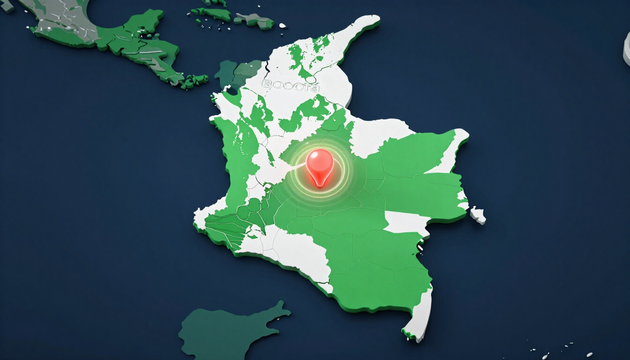 Mapa conceptual de Colombia con Bogotá resaltado en una composición corporativa moderna.