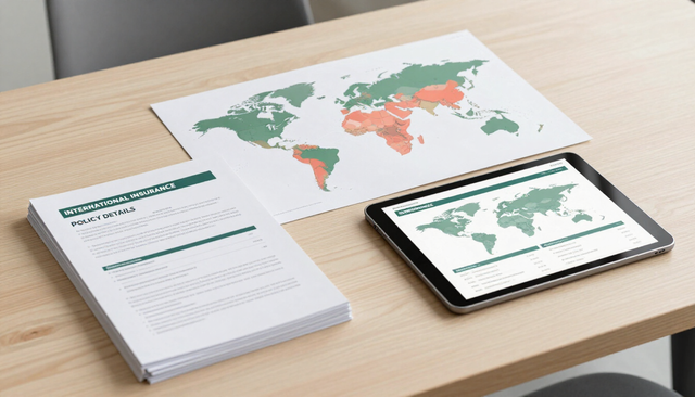 Asesoría en seguros internacionales con documentos y mapa sobre un escritorio minimalista.