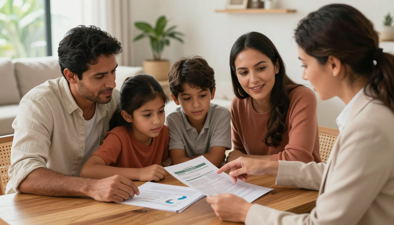 Familia colombiana revisando seguros generales en Colombia