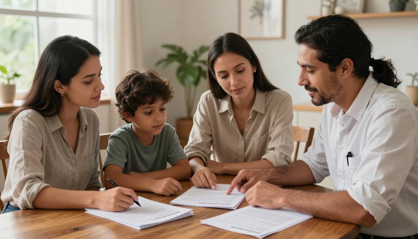 Familia colombiana revisando opciones de medicina prepagada