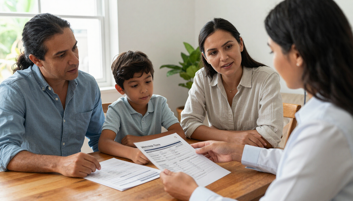 Familia colombiana revisando opciones de medicina prepagada