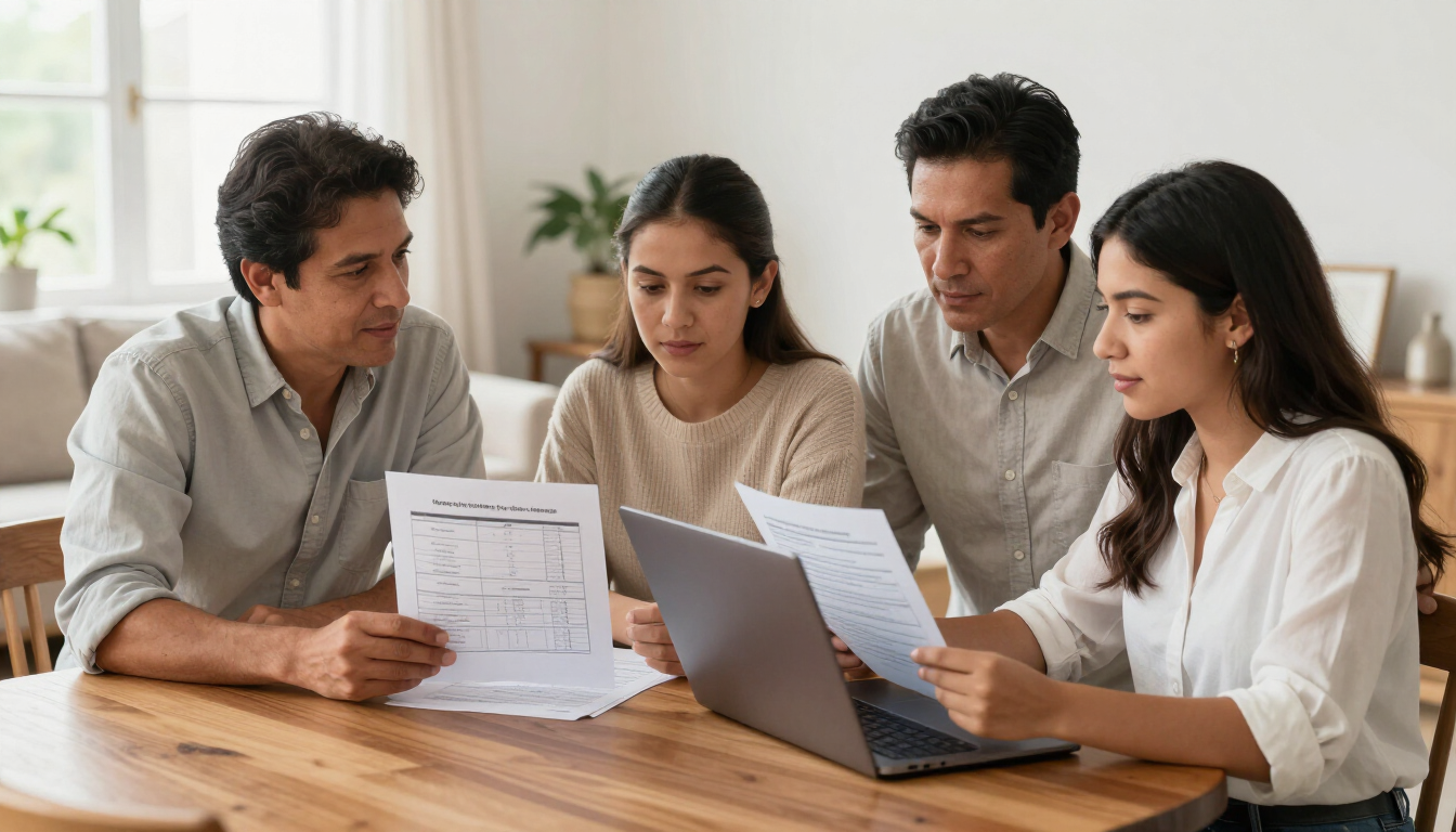 Familia colombiana revisando opciones de cobertura de salud