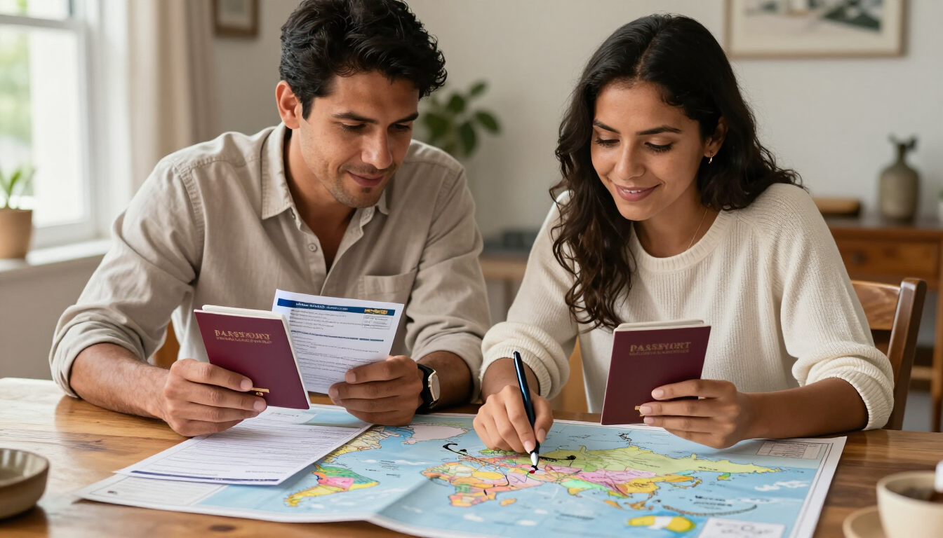 Viajeros colombianos revisando su seguro internacional