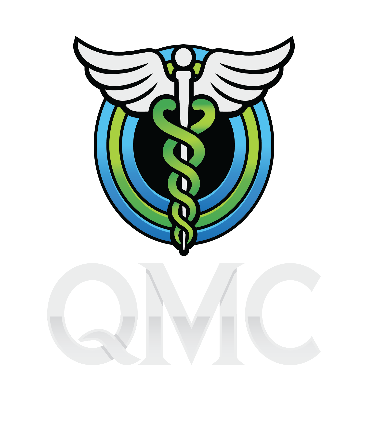 A logo for qmc with a caduceus and wings