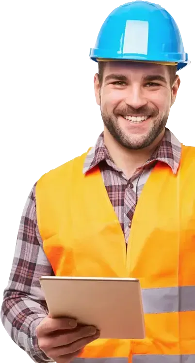 Construction worker in blue hard hat and orange vest smiles, holding tablet.