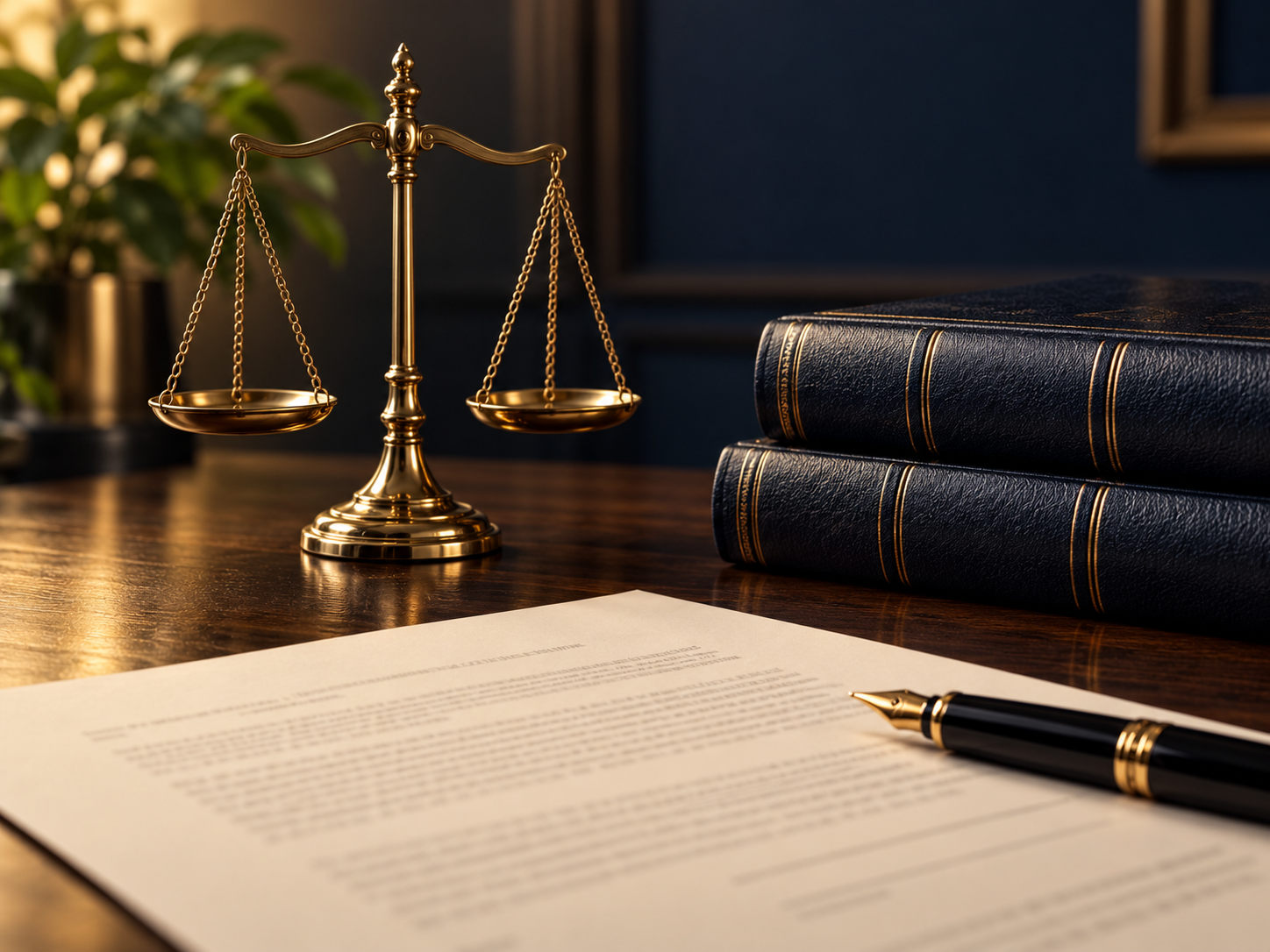 Brass scales of justice, law books, and a contract