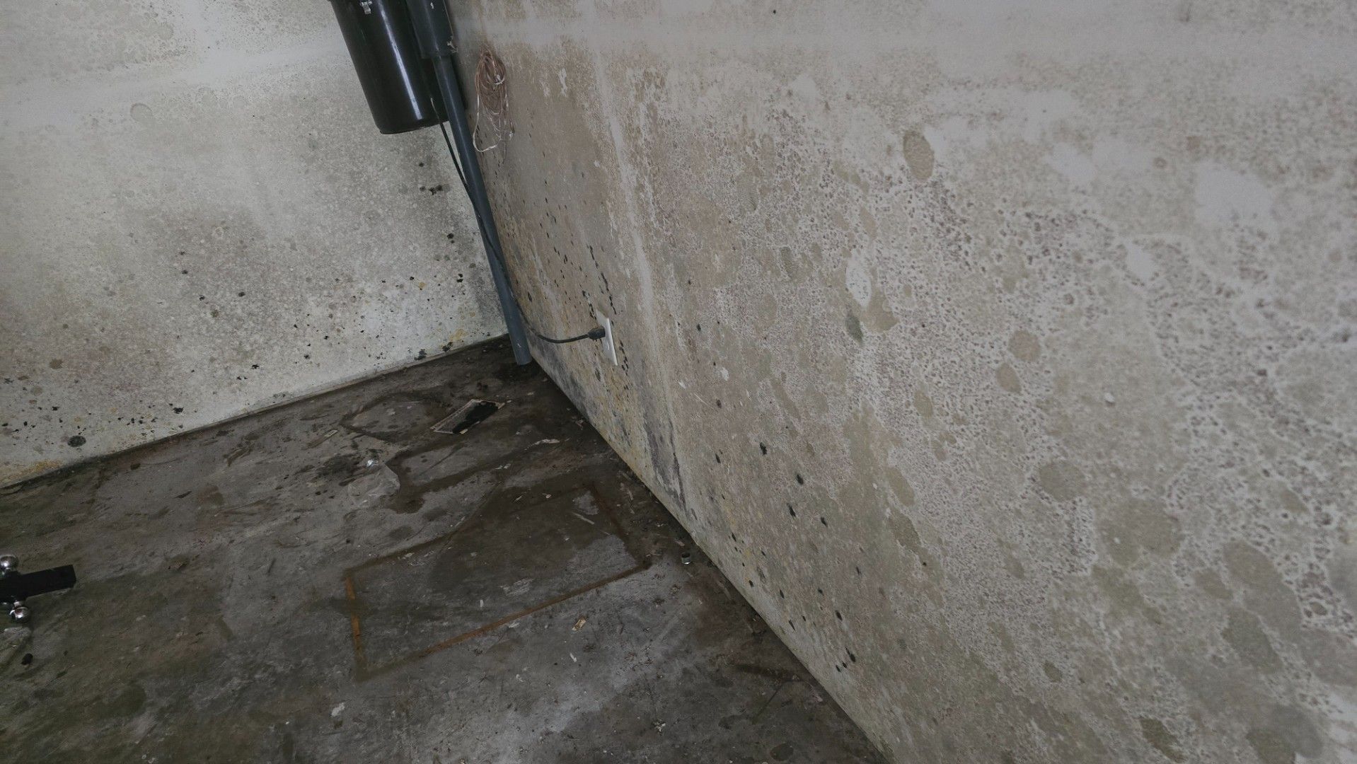 Concrete basement corner; water stains on walls and floor, black pipe, bolt, and dim lighting.