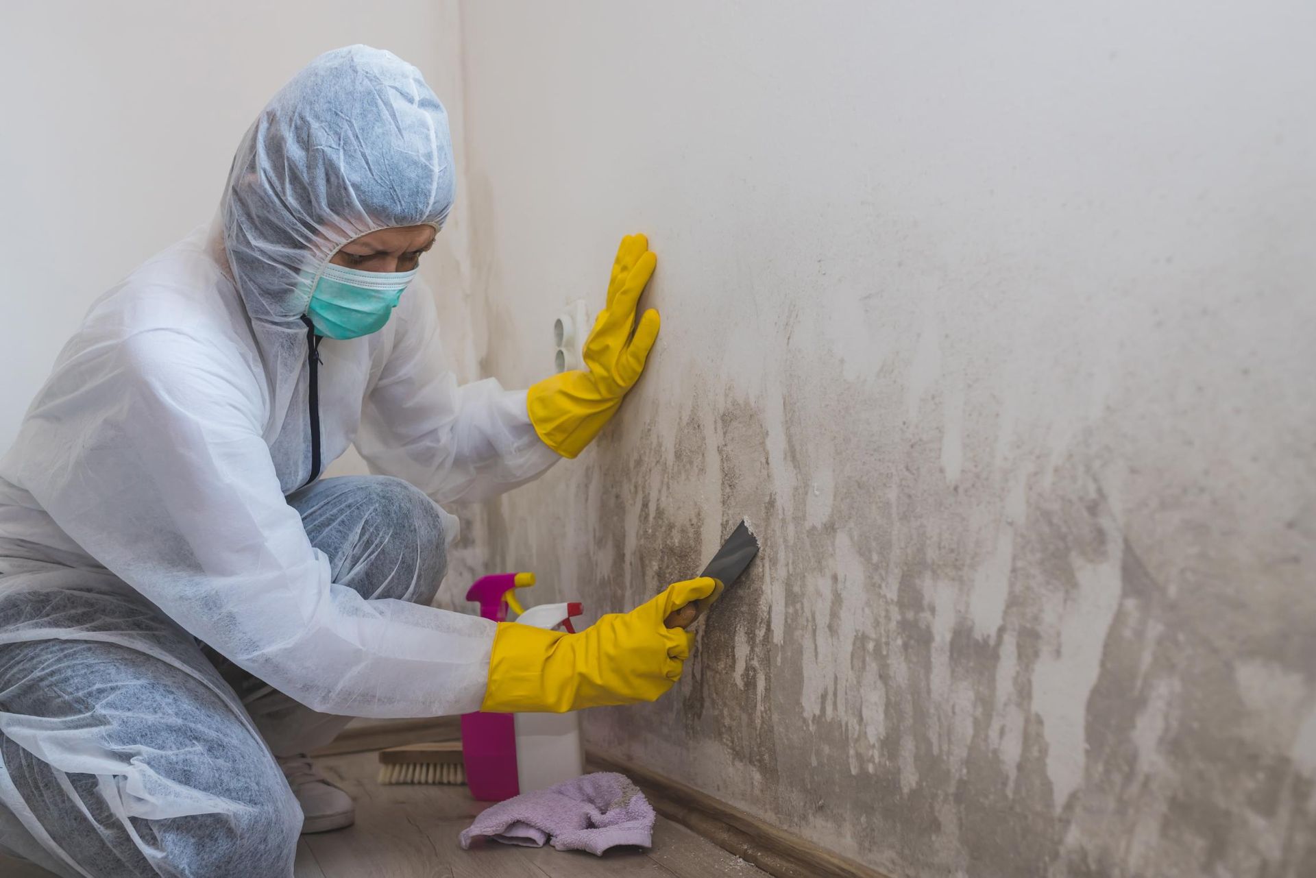 Person in protective suit removes mold from a wall, indoors.